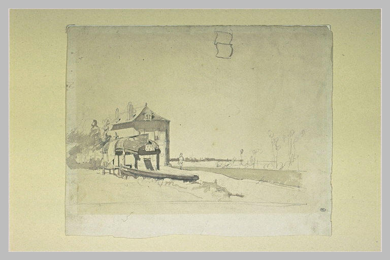 Devant une maison, une barque de pêche retournée, sur pilotis, séchant_0