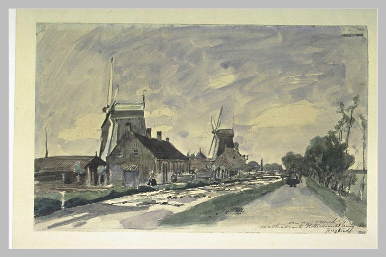 Canal en Hollande bordé de maisons et de moulins_0