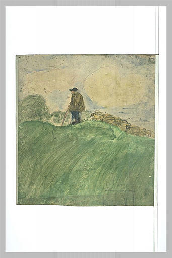Berger sur une colline, ses moutons derrière lui._0