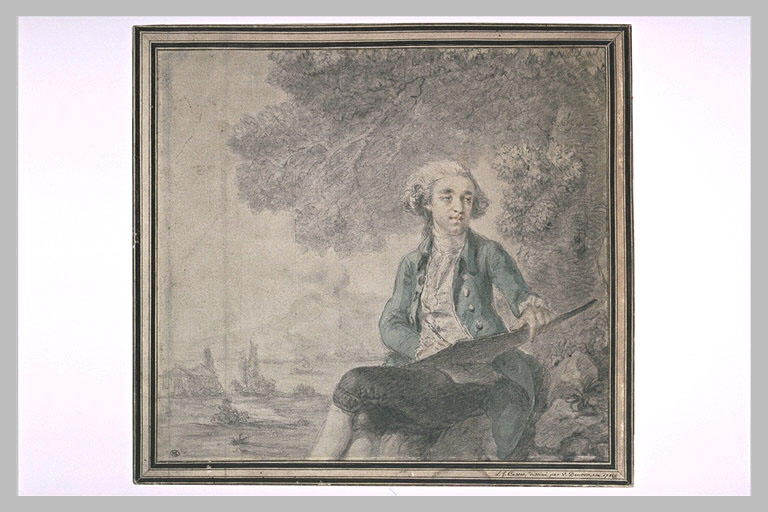 Homme en costume Louis XVI dessinant dans un paysage_0