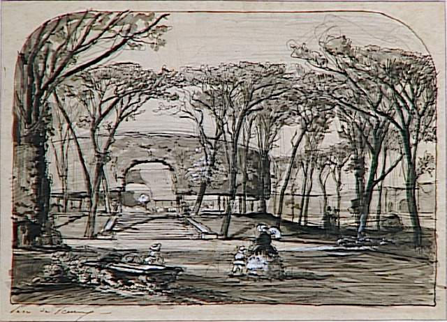 Vue d'une allée animée de promeneurs dans le parc de Sceaux, Auguste Anastasi, 1858 vers