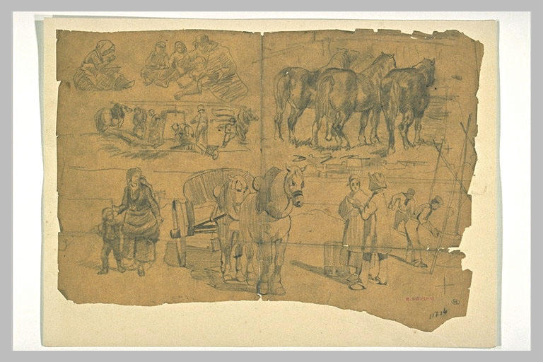 Feuille de croquis avec des paysans et des chevaux_0