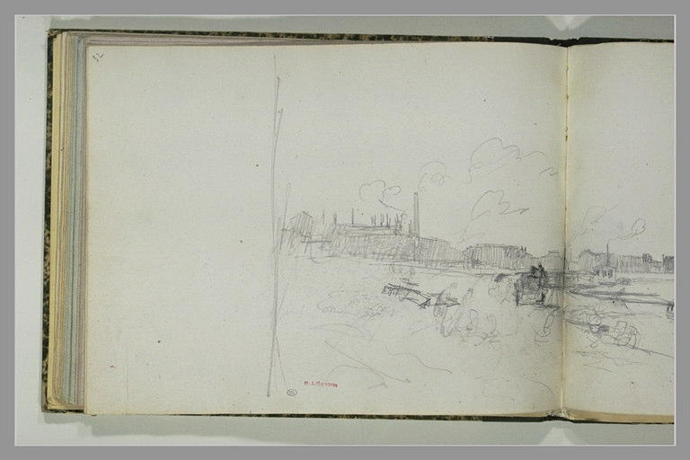 Vue des quais d'une rivière sur lesquels travaillent des charbonniers_0