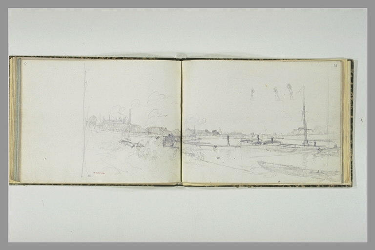 Vue des quais d'une rivière sur lesquels travaillent des charbonniers_1