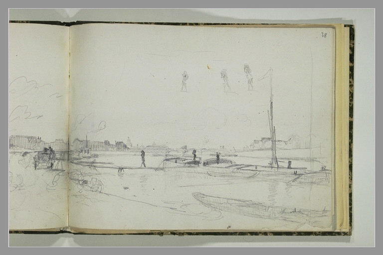 Vue des quais d'une rivière sur lesquels travaillent des charbonniers_0