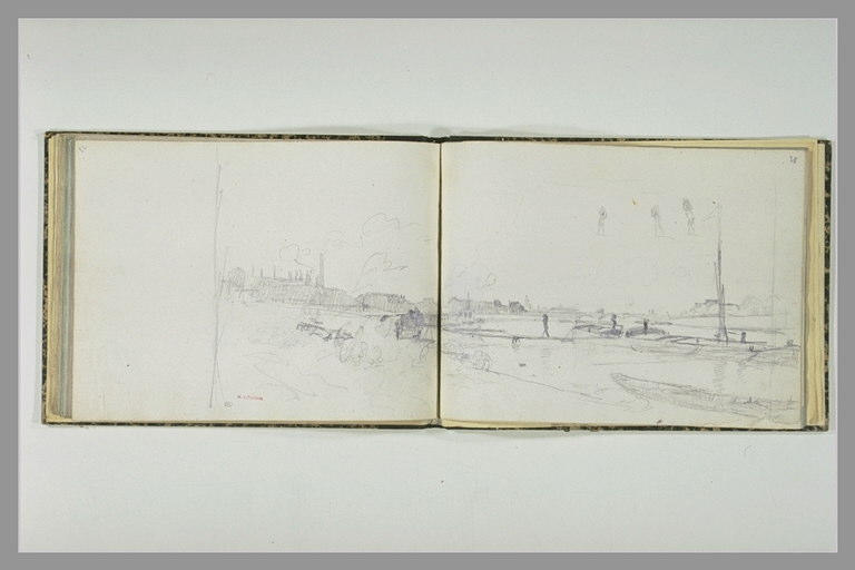 Vue des quais d'une rivière sur lesquels travaillent des charbonniers_1