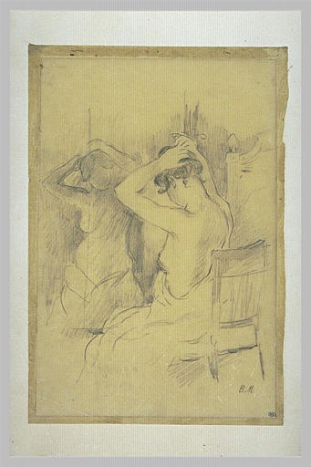 Femme demi nue, vue de dos, se coiffant, une glace reflétant son corps_0