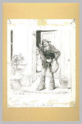 Vieux mendiant debout, sur le perron d'une maison_0