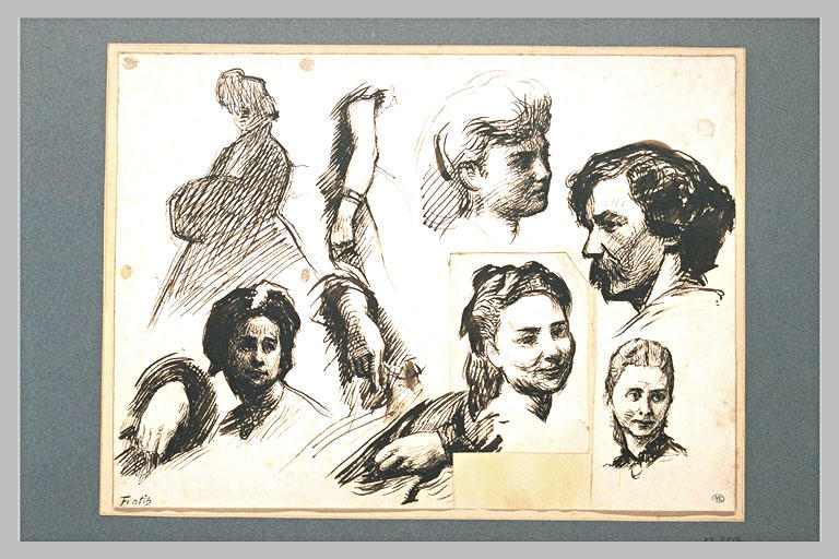 Feuille d'études de têtes de femmes, avec le profil de Whistler_0