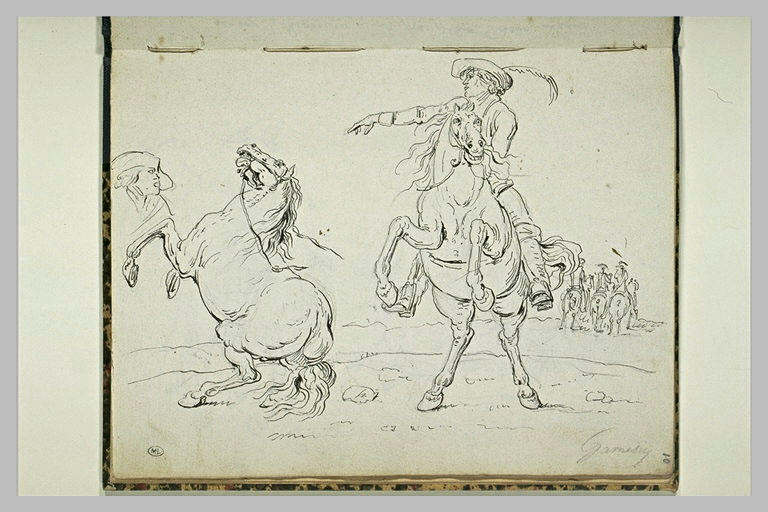 Scène militaire avec des cavaliers et un cheval non sellé_0