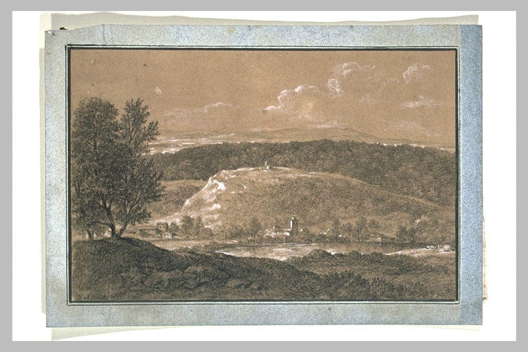 Paysage avec un village en bas d'une montagne, le long d'une rivière_0