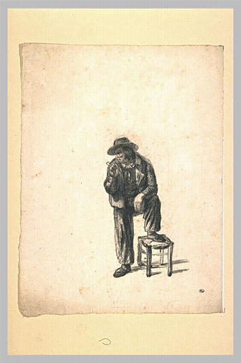 Paysan, debout, fumant la pipe, le pied posé sur un tabouret_0