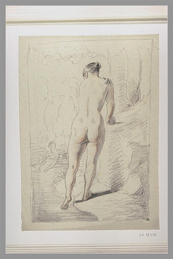 Baigneuse nue, de dos, debout, près d'un ruisseau, contre un rocher_0