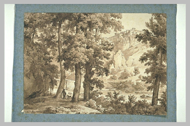 Berger au bord d'une rivière, s'écoulant sous un roc couronné d'une ville_0