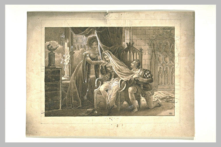 Femme en costume d'homme, assise entourée de deux figures, dans un interieur_0