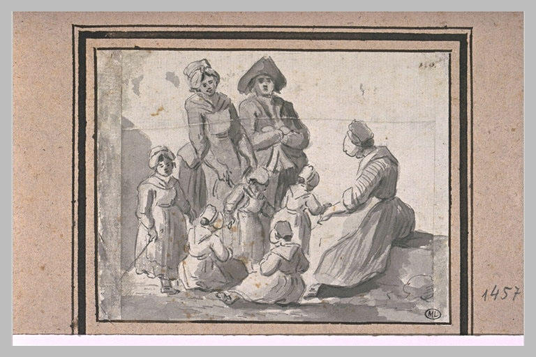 Trois paysans adultes, et cinq petites filles_0