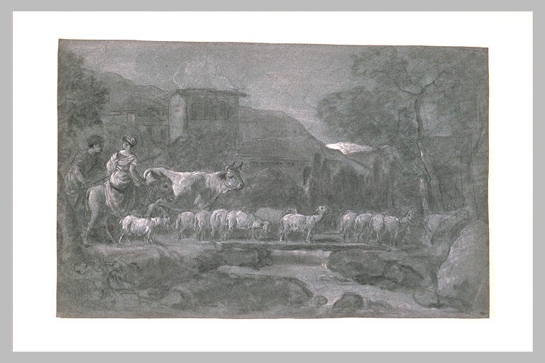 Berger et bergère conduisant un troupeau_0