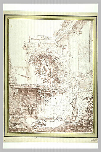 Femme étendant du linge, dans une cour, à l'ombre de colonnes antiques_0
