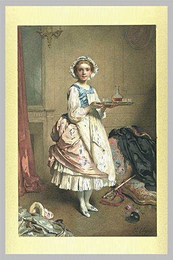 Jeune soubrette Louis XV, tenant un plateau dans un intérieur_0