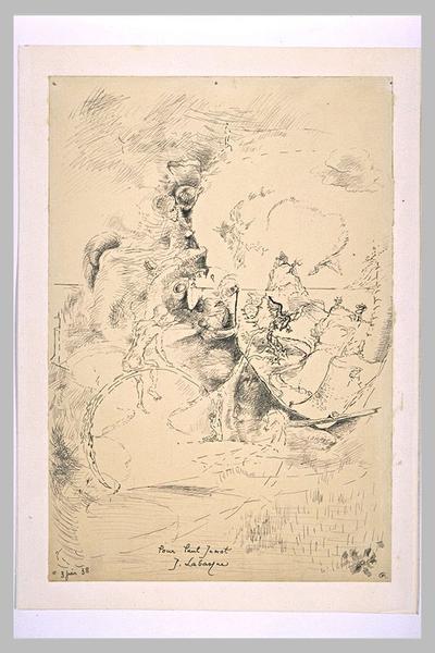 Scène antique : paysage avec un homme nu perché sur une roue et des chimères_0