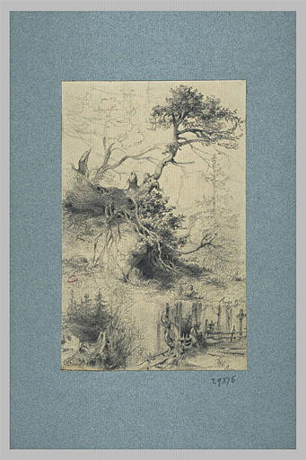 Etude d'arbres, et personnages dessinant dans un sous-bois_0