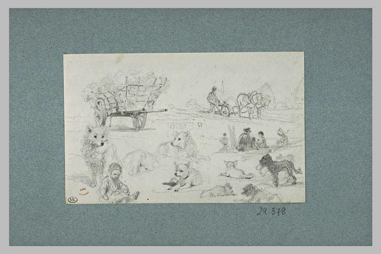 Feuille de croquis : charrette ; paysan ; huit études de chiens_0