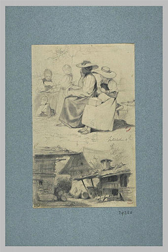 Deux femmes coiffées de grands chapeaux ; maisons rustiques_0