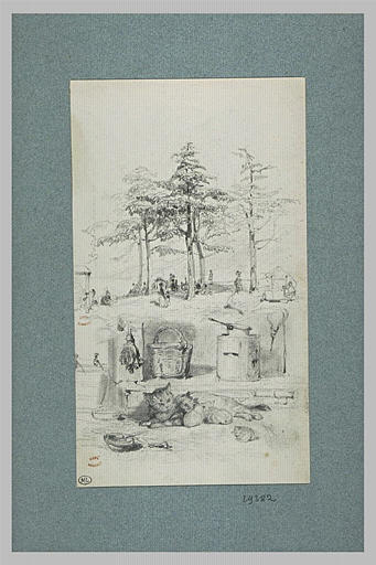 Promeneurs sous des arbres ; divers ustensiles ; chatte allaitant ses petits_0