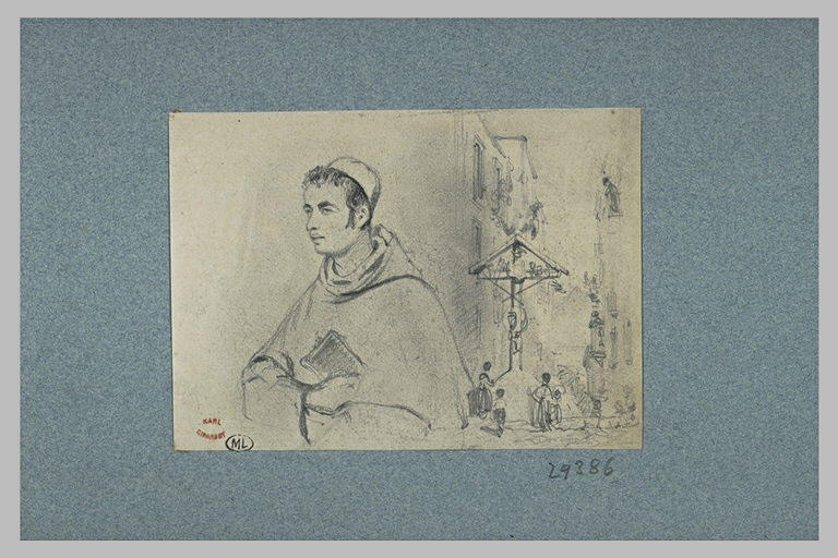 Religieux à mi-corps ; perspective d'une rue avec un calvaire à l'entrée_0