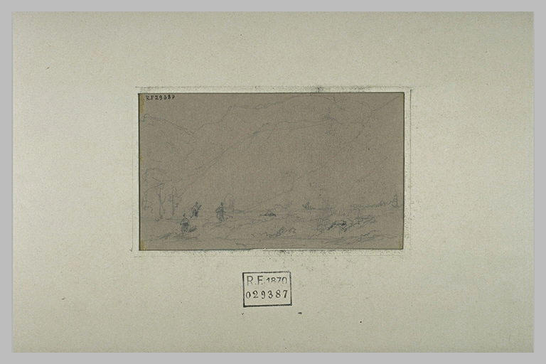 Paysage de montagne et trois hommes dans un champ_0