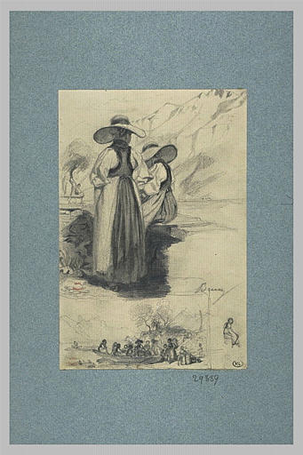 Deux femmes coiffées de chapeaux ; gens dans une barque ; croquis de femme_0
