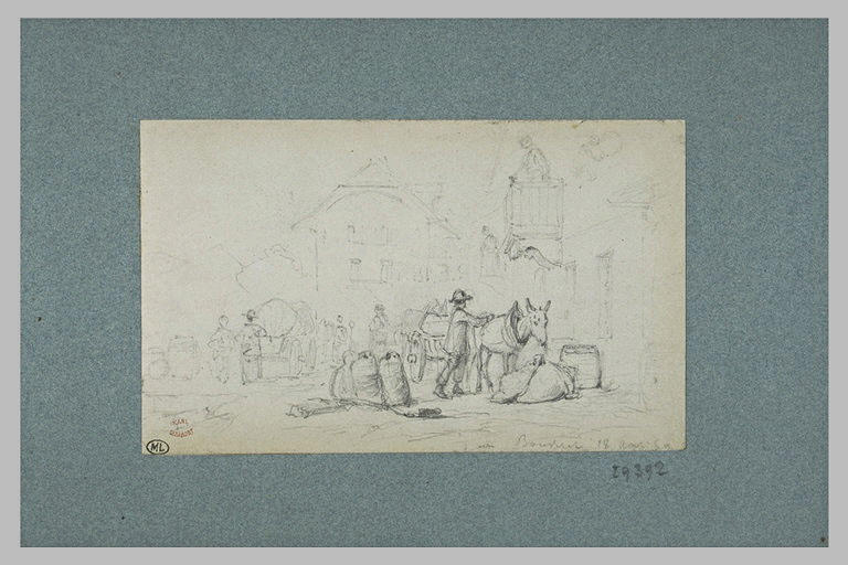 Marché sur une place de village ; paysans avec des voitures_0