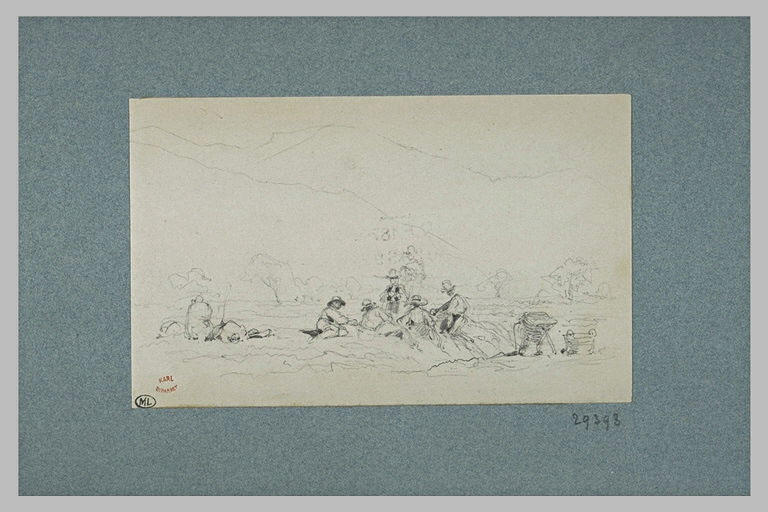 Paysans debout ou assis au milieu d'un champ_0