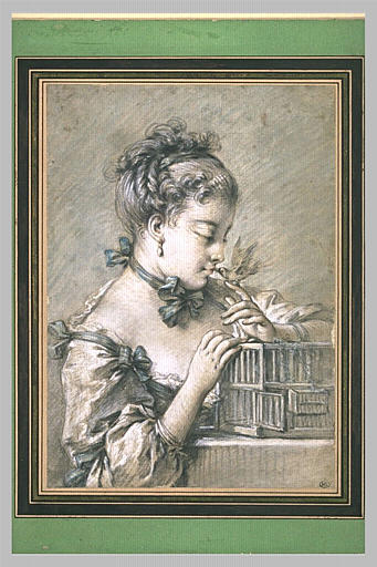 Jeune femme à mi-corps, tenant un oiseau qui becquette sa bouche_0