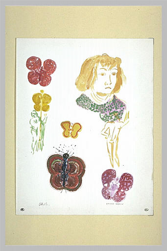 Études de papillons, de chenille, de jeune femme et d'un personnage_0