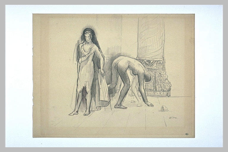 Saint dans un temple, et femme nue ramassant des pierres_0