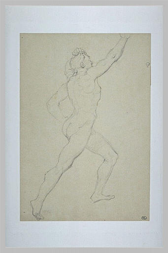 Homme nu, bras droit levé, s'élançant vers la droite_0