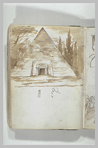 Pyramide sépulcrale dans un paysage ; études de colonne et de tête_0
