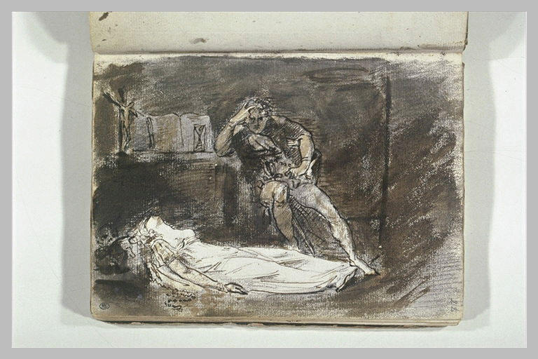 Femme morte étendue aux pieds d'un homme assis_0