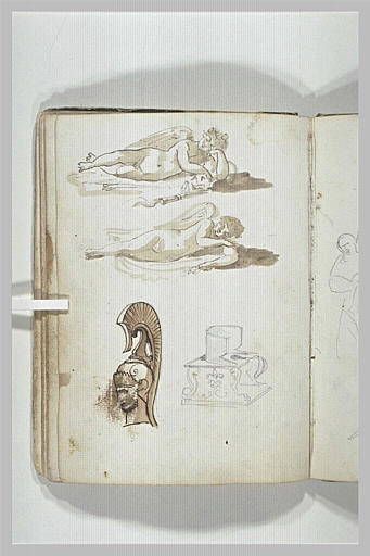 Amour dormant ; tête de guerrier casqué ; étude de mobilier à l'antique_0