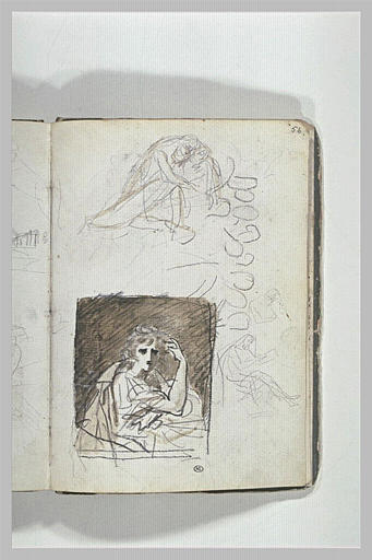Femme pleurant un homme mort ; figure assise lisant ; portrait de femme_0