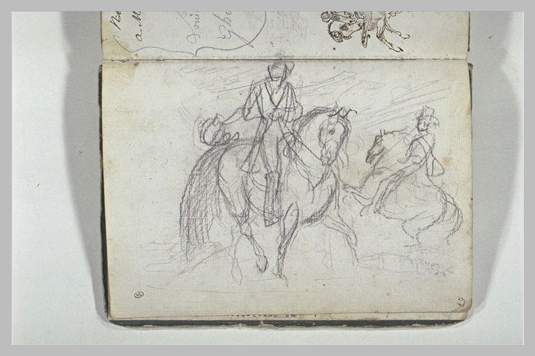 Deux études de cavaliers à cheval ; croquis de guerrier casqué_0