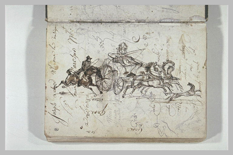 Notes manuscrites ; cavalier, voiture tirée par deux chevaux_0