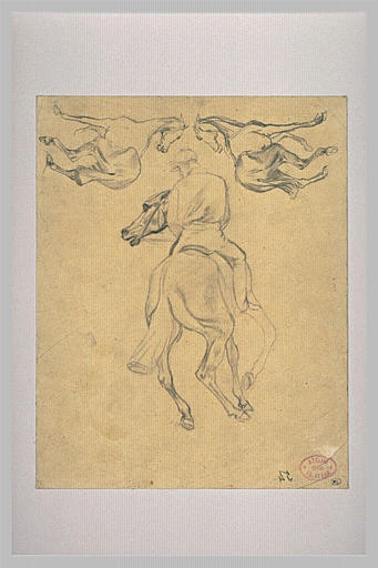 Jockey à cheval, vu de dos, et deux chevaux_0