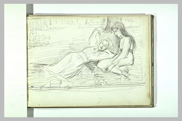 Fillette assise, et fillette allongée sur l'herbe dans un jardin_0