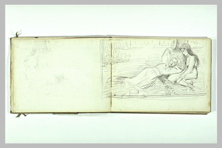 Fillette assise, et fillette allongée sur l'herbe dans un jardin_1