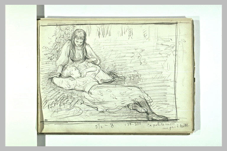 Fillette assise, et fillette allongée sur l'herbe dans un jardin_0