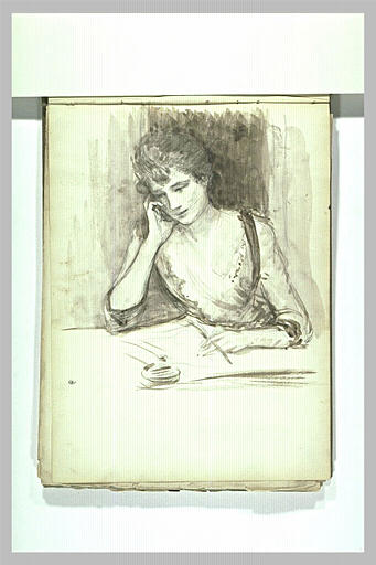Femme assise à une table, une plume à la main_0
