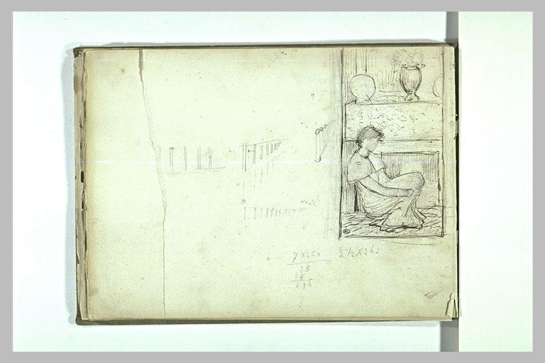 Femme assise au pied d'une cheminée ; croquis ; chiffres manuscrits_0
