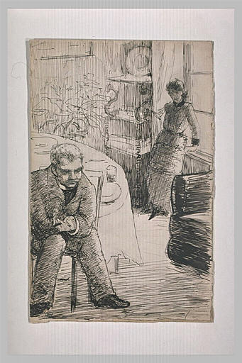 Intérieur d'une salle à manger : homme assis, et femme debout_0